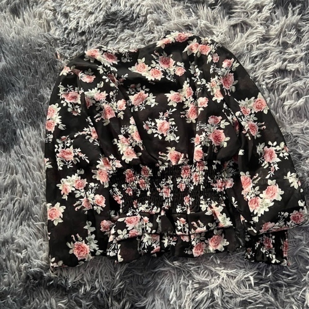 Floral Smocked Women's Blouse - Black and Pink